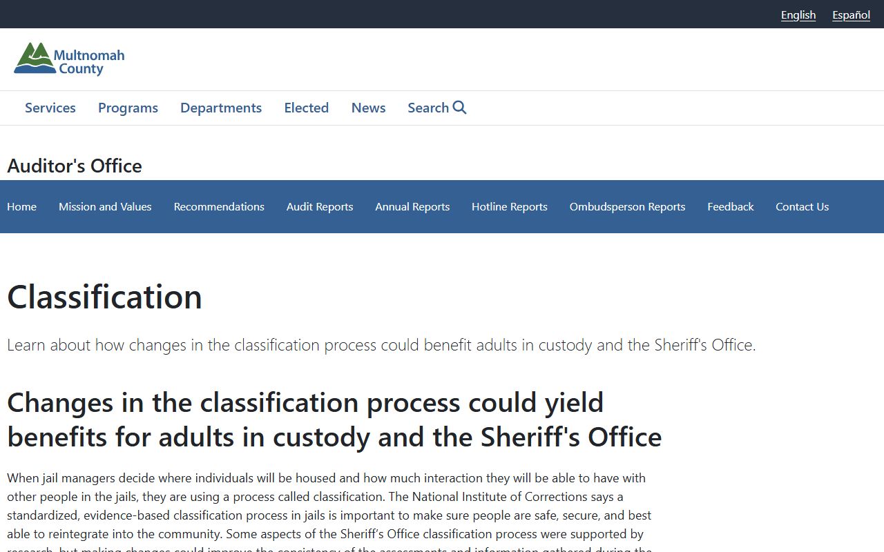 Multnomah County classification page explaining jail housing and risk categories