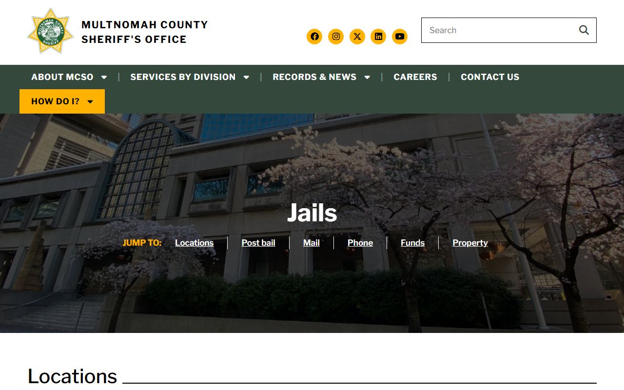 MCSO jail locations page showing Multnomah County jail contact and facility information