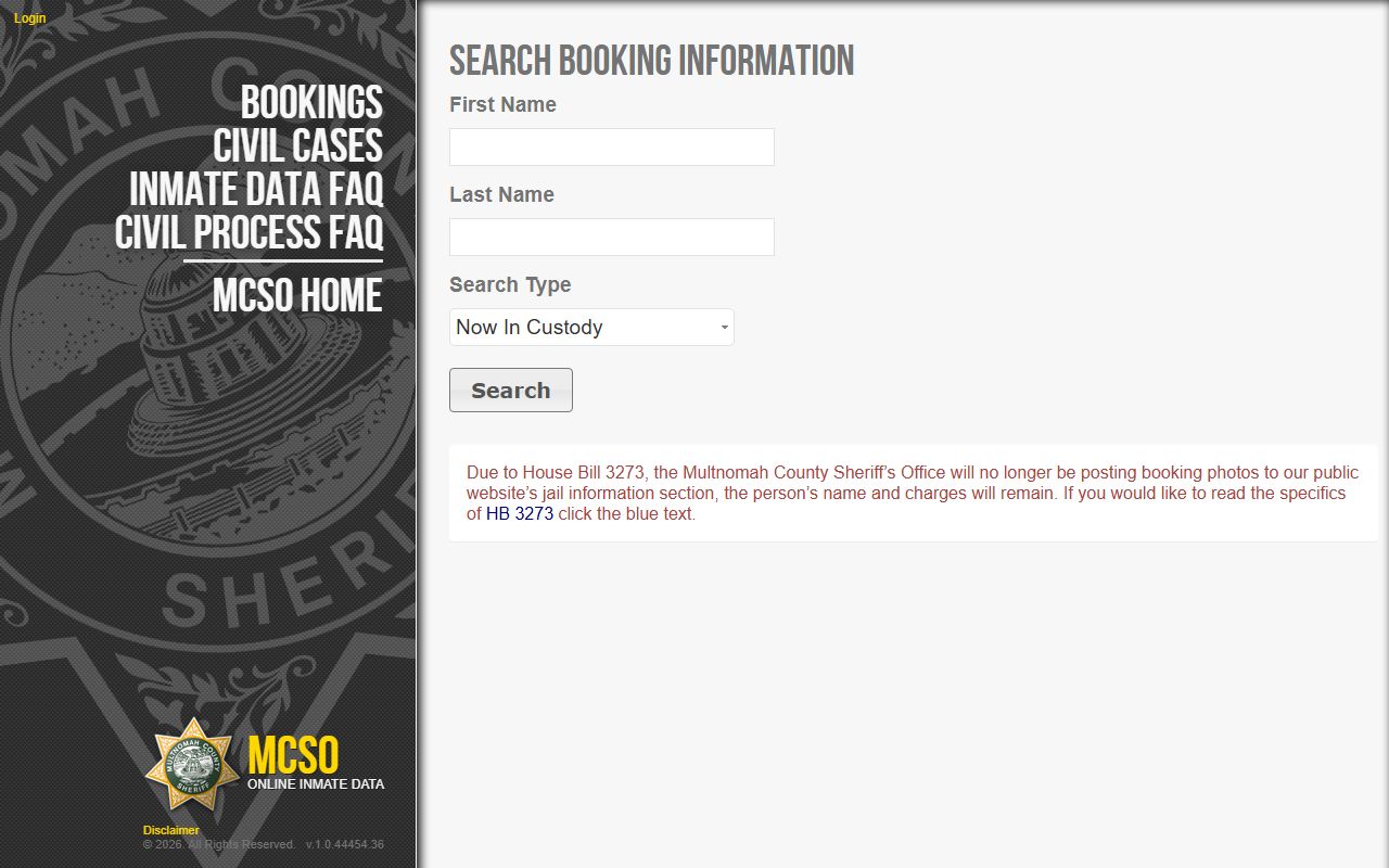 Multnomah County inmate search form on MCSO PAID