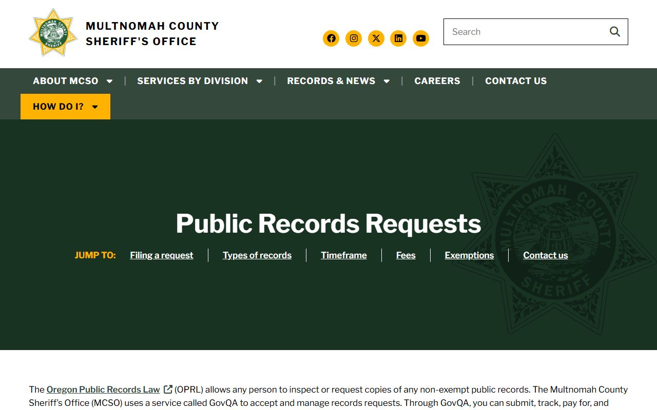 Multnomah County inmate records public records request channel