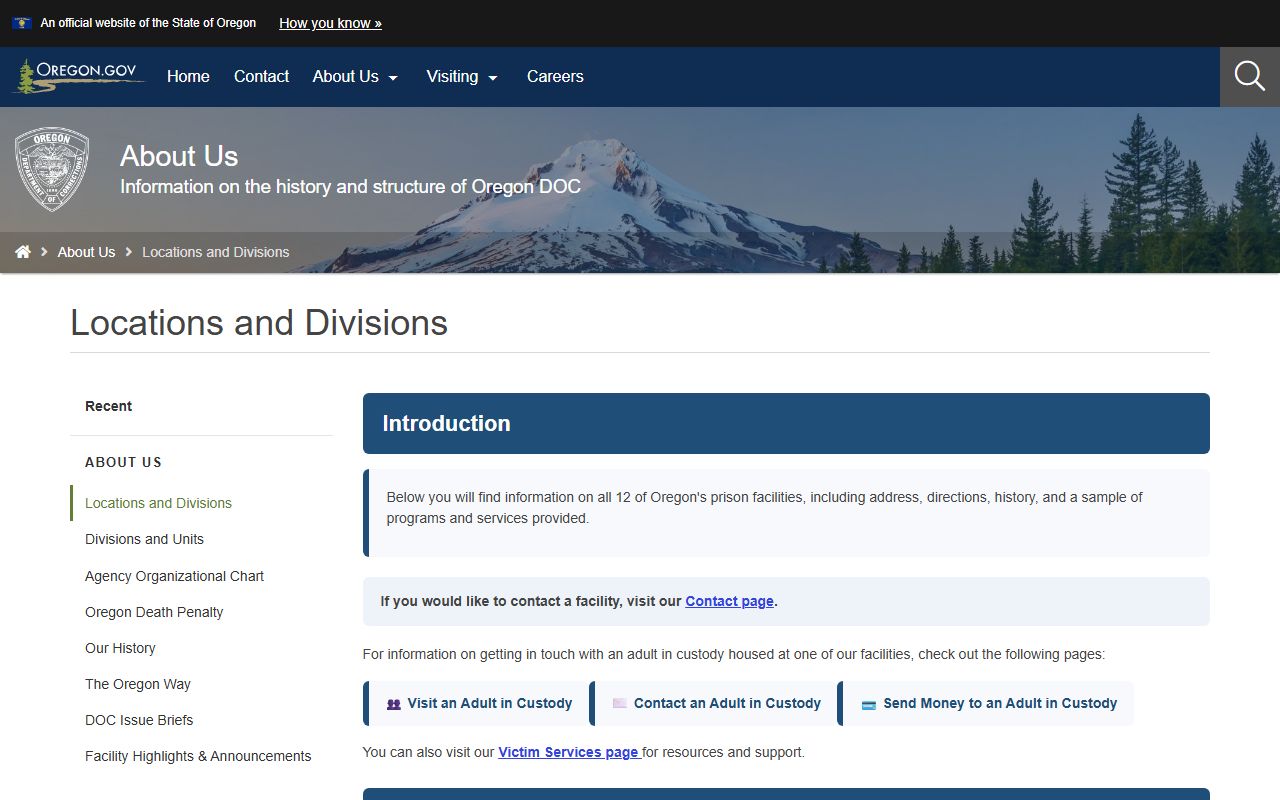 Oregon Department of Corrections prison locations page listing state facilities including Columbia River Correctional Institution
